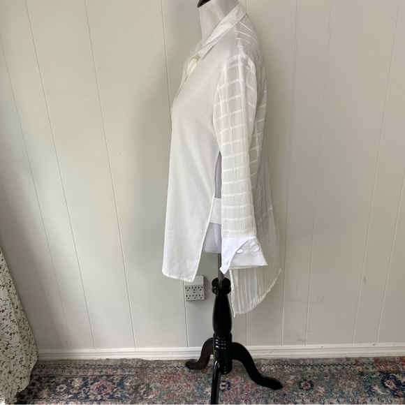 Desigual White Windowpane Ruffle Hem Side Cutout Tunic Top Semi Sheer Sz S - Picture 11 of 16